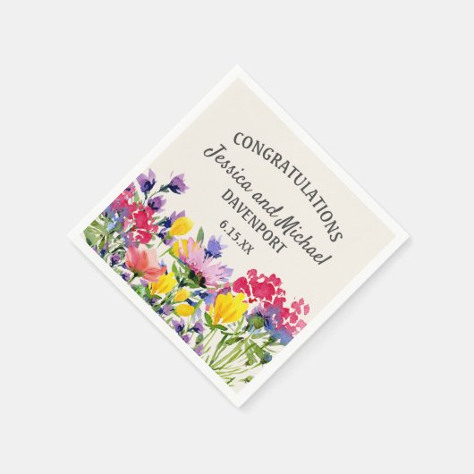 紫と黄色の水彩野の花の結婚式 スタンダードカクテルナプキン (角)