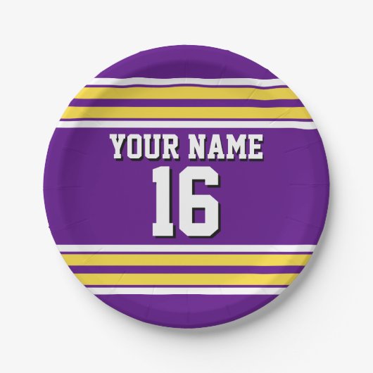 紫と黄色の白いズチームストライプジャージー ペーパープレート (正面)