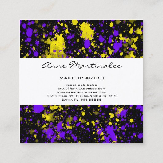 紫と黄色の絵を描(ばちゃばちゃ)跳ねるオンブラック スクエア名刺 (裏面)