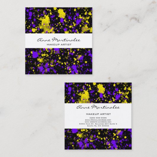 紫と黄色の絵を描(ばちゃばちゃ)跳ねるオンブラック スクエア名刺 (正面/裏面)