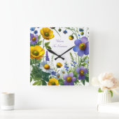 紫と黄色の花のカスタマイズ文字 スクエア壁時計 (ホーム)