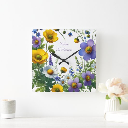 紫と黄色の花のカスタマイズ文字 スクエア壁時計 (ホーム)