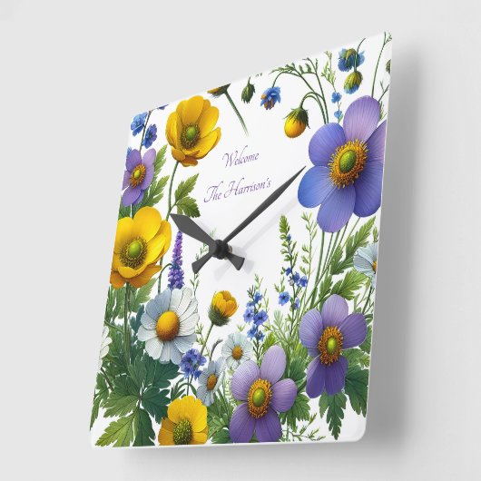 紫と黄色の花のカスタマイズ文字 スクエア壁時計 (傾斜)