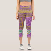 紫と黄色の葉を持つクロスステッチの模様 カプリレギンス (正面)