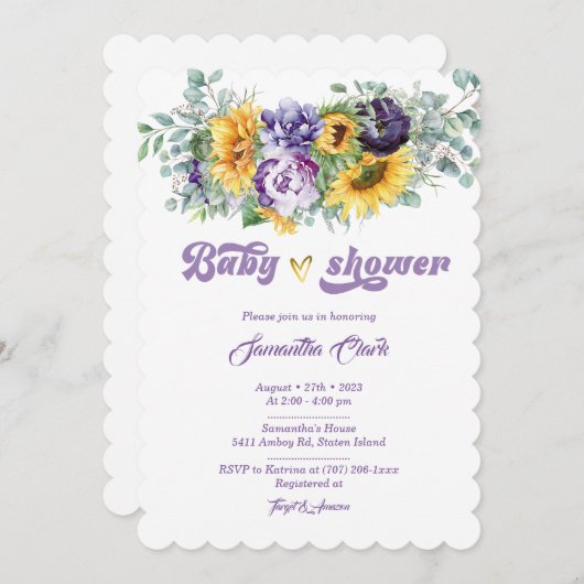 紫と黄色の赤ちゃんシャワー招待状 招待状 (正面/裏面)