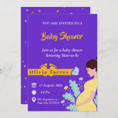 紫と黄色の赤ちゃんシャワー、母性テーマ 招待状 (正面/裏面)