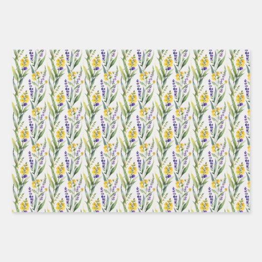 紫と黄色の野生の花の水彩画 ブライダルシャワーのラッピングペーパー ラッピングペーパーシート (正面2)