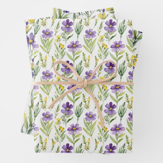 紫と黄色の野生の花の水彩画 ブライダルシャワーのラッピングペーパー ラッピングペーパーシート (インサイチュ)