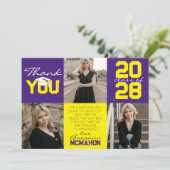 紫と黄色の3枚の写真を使った卒業式のお礼メッセージ 招待状 (スタンド正面)