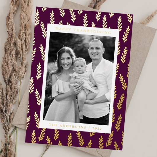 紫と黄金の葉の写真サンクスギビング 箔シーズンカード