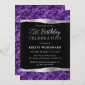 紫と黒のきらめくグリッター21st誕生日 招待状 (正面/裏面)