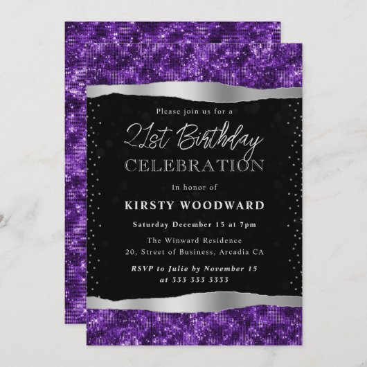 紫と黒のきらめくグリッター21st誕生日 招待状 (正面/裏面)