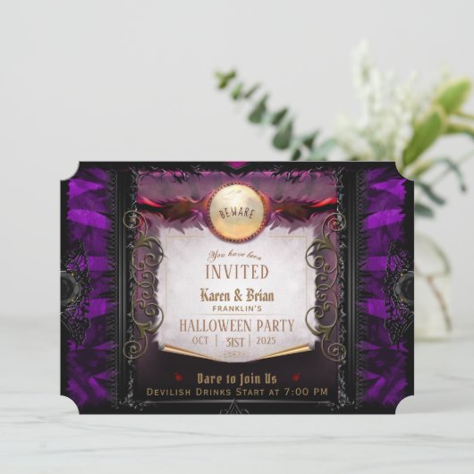 紫と黒のエレガントハローウィンパーティ 招待状 (スタンド正面)