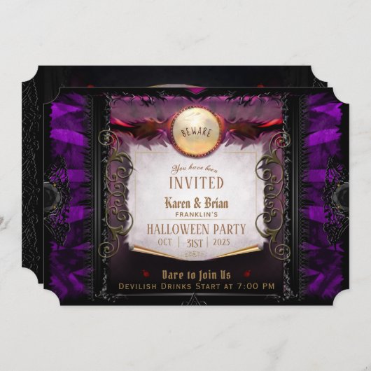 紫と黒のエレガントハローウィンパーティ 招待状 (正面/裏面)