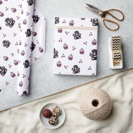 紫と黒のカップケーキ包装紙 転が ラッピングペーパー (クラフト)