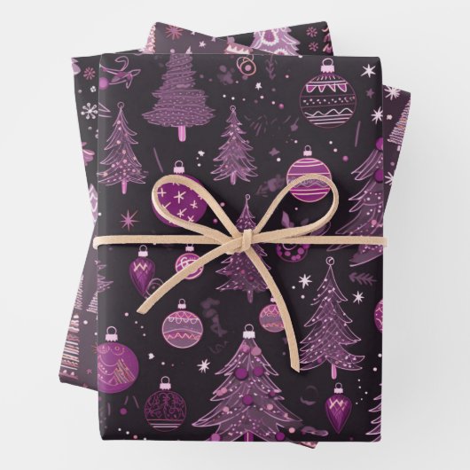紫と黒のクリスマスツリークリスマス ラッピングペーパーシート (インサイチュ)