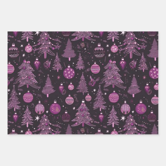 紫と黒のクリスマスツリークリスマス ラッピングペーパーシート (正面)