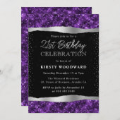 紫と黒のグリッターきらめく21st誕生日 招待状 (正面/裏面)