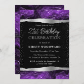 紫と黒のグリッターきらめく21st誕生日 招待状 (正面/裏面)