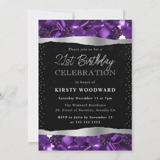 紫と黒のグリッターきらめく21st誕生日 招待状 (正面)