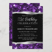 紫と黒のグリッターきらめく21st誕生日 招待状 (正面/裏面)