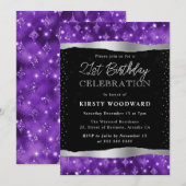 紫と黒のグリッターきらめく21st誕生日 招待状 (正面/裏面)
