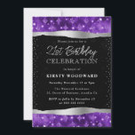 紫と黒のグリッターきらめく21st誕生日 招待状<br><div class="desc">紫とエレガント黒のきらめくグリッターグラムエッジデザイン暗い《写真》ぼけ味背景に銀元素を持つ</div>