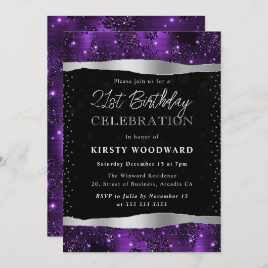紫と黒のグリッターきらめく21st誕生日 招待状 (正面/裏面)