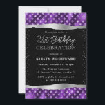 紫と黒のグリッタードット21st誕生日 招待状<br><div class="desc">紫とエレガント黒のきらめくグリッタードットGlamエッジデザイン暗い《写真》ぼけ味背景に銀元素を使用</div>