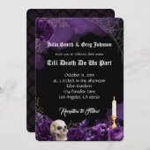 紫と黒のゴシック様式結婚式招待状 (正面/裏面)