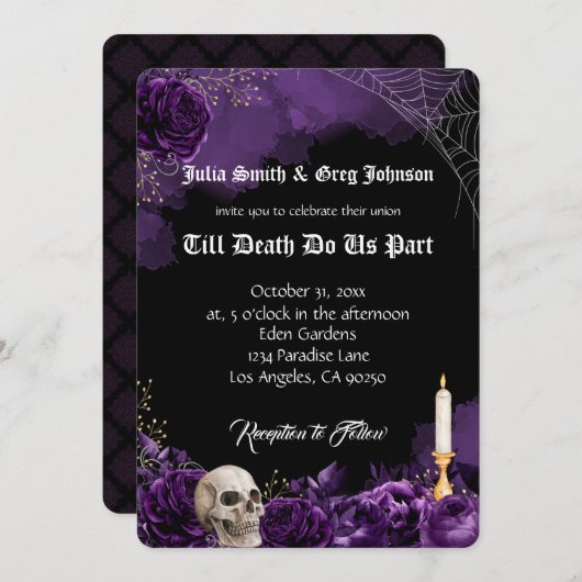 紫と黒のゴシック様式結婚式招待状 (正面/裏面)