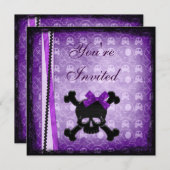 紫と黒のスカルリボン&グリッター招待状 招待状 (正面/裏面)