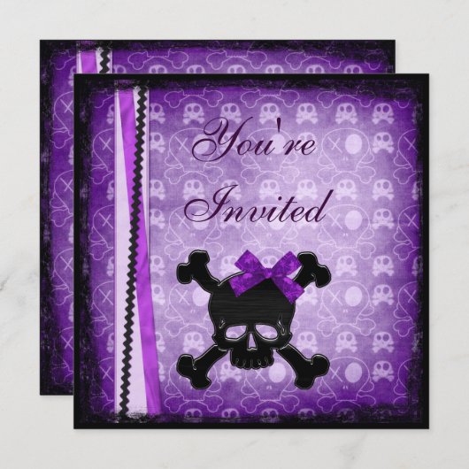 紫と黒のスカルリボン&グリッター招待状 招待状 (正面/裏面)