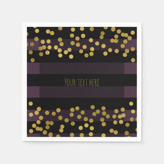 紫と黒のストライプ金ゴールドホイルフェイクドット スタンダードカクテルナプキン (正面)