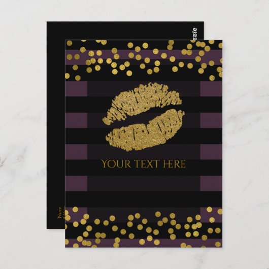 紫と黒のストライプ金ゴールドホイルフェイクドット ポストカード (正面/裏面)