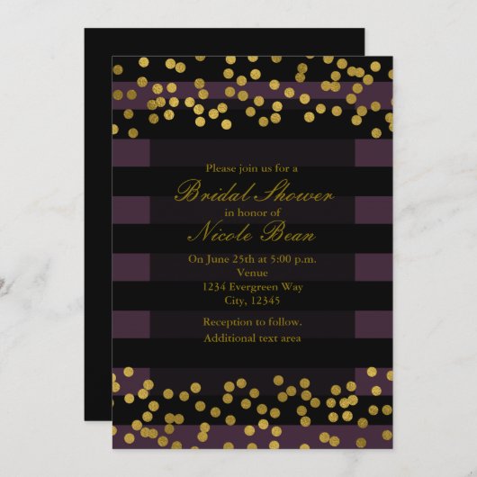紫と黒のストライプ金ゴールドホイルフェイクドット 招待状 (正面/裏面)