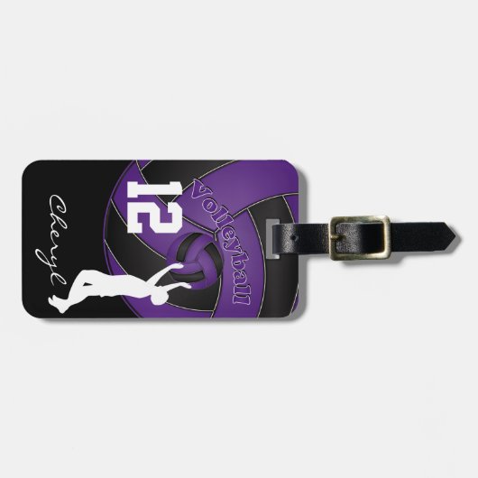 紫と黒のスポーティバレーボール ラゲッジタグ (正面横)