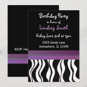 紫と黒のゼブラ柄の誕生日招待状 招待状 (正面/裏面)