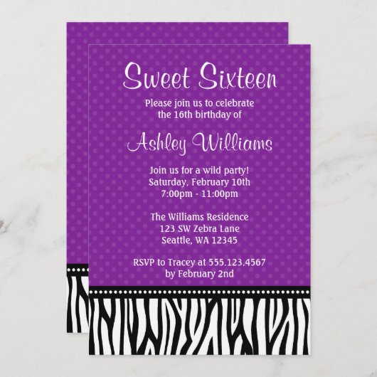 紫と黒のゼブラ水玉模様スイート16 招待状 (正面/裏面)