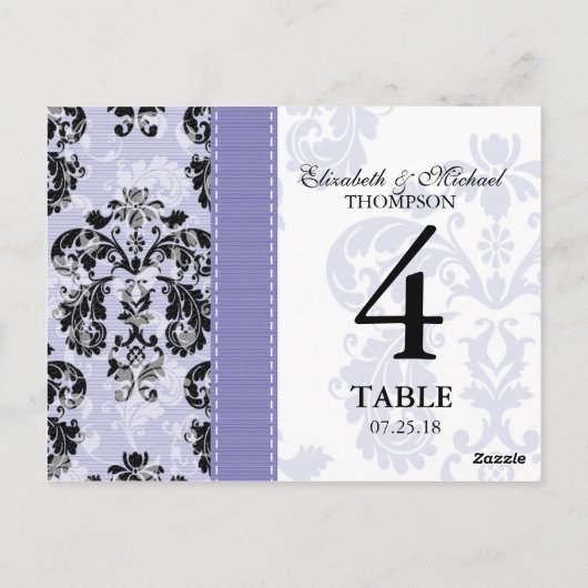 紫と黒のダマスクのウェディングテーブル番号カード ポストカード (裏面)