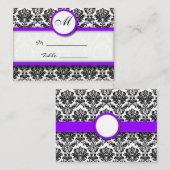 紫と黒のダマスク座席表ホルダー プレイスカード (正面/裏面)