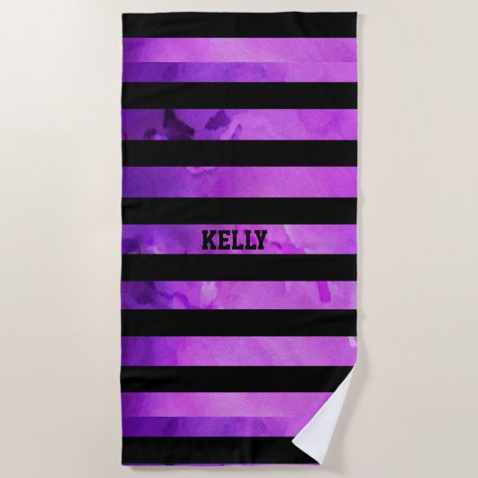 紫と黒のテクスチャストライプ化 ビーチタオル (正面)