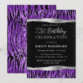 紫と黒のトラストライプの誕生日21日 招待状 (正面/裏面)