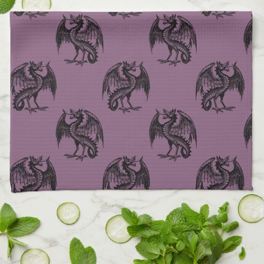 紫と黒のドラゴンズ模様ハロウィン キッチンタオル (折り畳み)