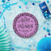 紫と黒のハッピーハロウィン年のコウモリ柄 ペーパープレート (パーティー)