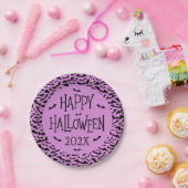 紫と黒のハッピーハロウィン年のコウモリ柄 ペーパープレート (パーティー)