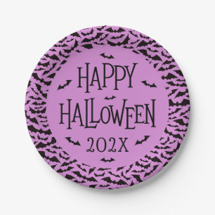 紫と黒のハッピーハロウィン年のコウモリ柄 ペーパープレート