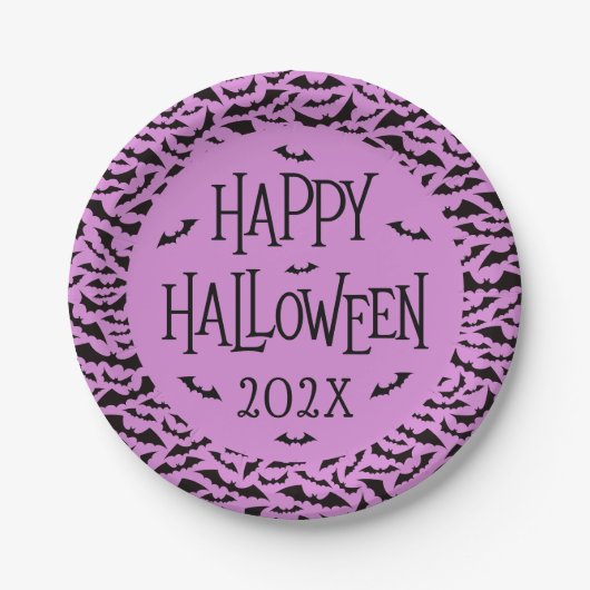 紫と黒のハッピーハロウィン年のコウモリ柄 ペーパープレート (正面)