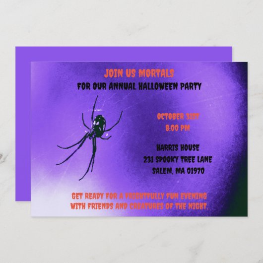 紫と黒のハロウィーン怖い黒のクモ 招待状 (正面/裏面)