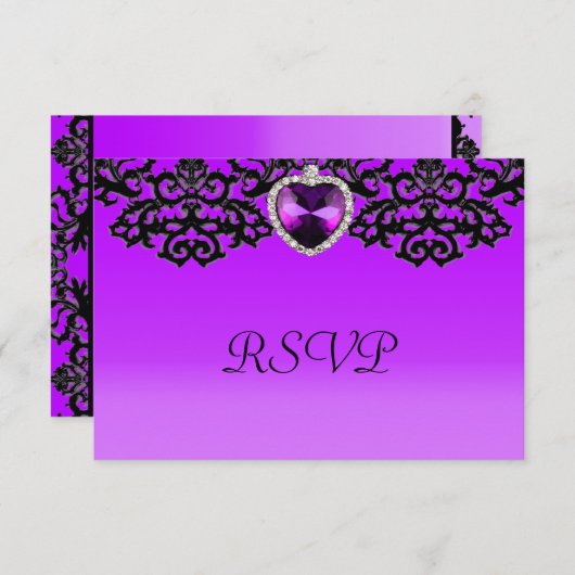 紫と黒のハートペンダ結婚ント 出欠カード (正面/裏面)